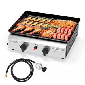 ROVSUN 2 Burner Portable Propane Griddle with Nonstick Enameled Tray, 20,000 BTU Tabletop Flat Top Gas Grill with Electronic Ignition & Regulator for Outdoor Cooking Camping BBQ Tailgating Picnicking