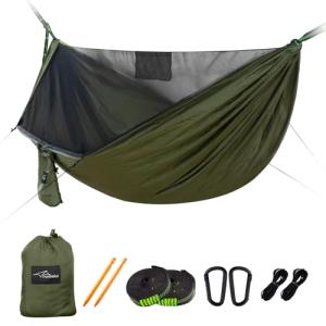 Travel Bird Camping Hammock with Mosquito Net and Ridge Rope, Extra Large for 2 Person, Lightweight Hanging Hammocks Tree Straps, All-in-one Fast Open Hammock for Outside, Hiking, and Travel