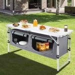 Pnbfhn Outdoor Folding Camping Table with Storage Organizer, Portable Aluminum Composite Panel Lightweight Table, 3 Adjustable Height, for Indoor, BBQ, Party, Picnic, Hiking, Beach