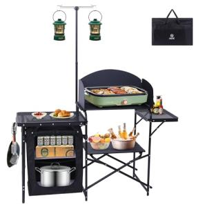 Nice C Camping Kitchen Station, Folding Table & Organizers, Upgrade Light Stand and Windshield Cooking Station, Carry Bag for Beach, Picnic (Black)
