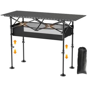 JWPEHOE Height Adjustable Camping Table, Outdoor Folding Camping Table with Mesh Storage/Carrying Bag, Portable Aluminum Roll-up Table for Camping, Party, Backyard, BBQ