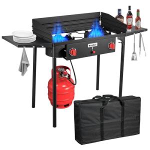 Bestfire 2 Burner Gamping Stove with Windpanel& Side Shelves, Bag, Auto Ignition Button,Regulator,150,000 BTU Camping Stove Propane Burner for Outdoor BBQ&Backyard Cooking Camping Home