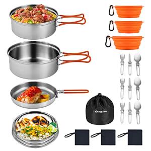 KingCamp Camping Cookware, Lightweight Cook Set Non-Stick Stainless Steel Essentials Mess Kit with Pot Pan Cups Plates Forks Knives Spoons for Camping Backpacking Outdoor Picnic