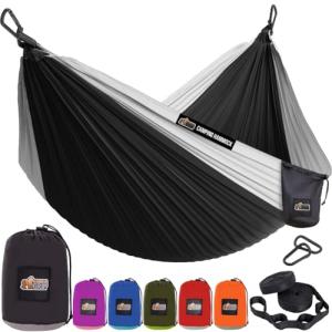 GORILLA GRIP Durable Portable Camping Hammock, Holds 500lbs with Heavy Duty Tree Straps, Comfortable Travel Swing, Camp Hammocks, Easy to Use and Install, Outdoor Essentials, Black, 10x6.5 FT