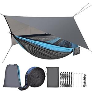 FIRINER Camping Hammock with Mosquito Net Rain Fly Heavy Duty Tree Strap Nylon Parachute Single Double Hammock Tent Waterproof Rainfly Set for Camping Backpacking Backyard Patio Hiking Travel Outdoor