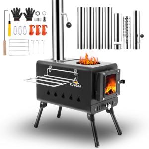 KUNGKA Black Wood Burning Tent Stove, 7 Section Stainless Steel Chimney, Portable Hot Tent Stove for Camping, Hunting, Ice Fishing