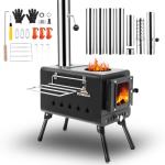 KUNGKA Black Wood Burning Tent Stove, 7 Section Stainless Steel Chimney, Portable Hot Tent Stove for Camping, Hunting, Ice Fishing