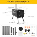 KUNGKA Black Wood Burning Tent Stove, 7 Section Stainless Steel Chimney, Portable Hot Tent Stove for Camping, Hunting, Ice Fishing