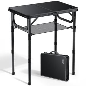 Anbte Folding Camping Table with Storage Net, Pure Black Aluminum 2ft Picnic Table 23.2" x 16" Outdoor Table Adjustable Height Max 27.5", Lightweight, Waterproof, Portable Handle for Travel Cooking