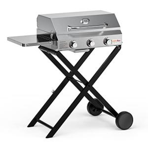 BBQ Gas Grill 3-Burner with Foldable Cart & Side Table, Portable Propane Grill with Lid for Outdoor Patio Backyard Barbecue Camping Tailgating RV Trip, Stainless Steel, GS308