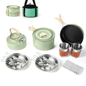 Odoland 15pcs Camping Cookware Mess Kit, Non-Stick Lightweight Pot Pan Kettle Set with Stainless Steel Cups Plates Forks Knives Spoons for Camping, Backpacking, Outdoor Cooking and Picnic