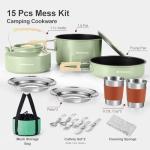 Odoland 15pcs Camping Cookware Mess Kit, Non-Stick Lightweight Pot Pan Kettle Set with Stainless Steel Cups Plates Forks Knives Spoons for Camping, Backpacking, Outdoor Cooking and Picnic
