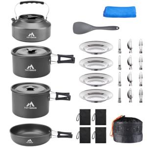 THTYBROS 27pcs Camping Cookware Mess Kit for 2-4 People, Portable Cookware Set with Kettle, Pots & Pans, Stainless Steel Utensils, Plates, Dishware for Backpacking, Picnic, Outdoor Adventures