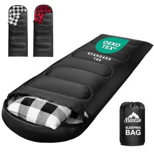 MEREZA Flannel Sleeping Bag for Adults Mens with Pillow, XL Cold Weather Sleeping Bag for 30 Degree 4 Season Camping Large Big and Tall Sleeping Bags with Compression Sack