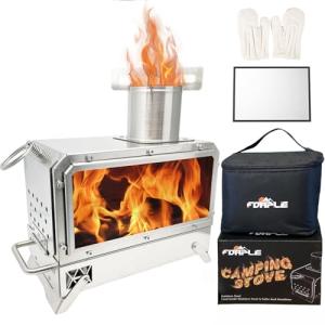 FOAPLE Outdoor Portable Wood Burning Stove，Mini Camp Oven, Camping Stove portable for Cooking, Stainless Steel Wood Burning Stove with Bag, Heat Insulation Pad, Gloves, Wood Stove for Hiking BBQ