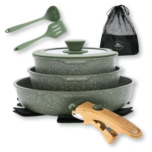Kitchen Academy Removable Handle Pots and Pans Set - 10 Pieces Green Cookware Set with Removable Handle, RV Induction Cookware Set for Camp