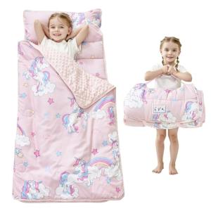 Lasoftan Toddler Nap Mat with Pillow and Blanket, Extra Large Rolled Napping Mats, Toddler Nap Mat for Boys Girls,Kids Sleeping Mat for Daycare, Preschool Travel Camping, Unicorn