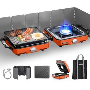 ODSD 2 Burner Camping Stove with Windshield, 20000 BTU Propane Camp Stove, Portable Folding Gas Stove, Camping Essentials Gear Includes Frying Pan, Coffee Stand & Carry Bag, Orange