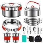 304 Stainless Steel Camping Cookware Set - Mess Kit with Pots, Pans, Kettle, Plates, Forks, Knives, Spoons for 2 People, Perfect for Camping, Picnic, RVs