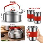 304 Stainless Steel Camping Cookware Set - Mess Kit with Pots, Pans, Kettle, Plates, Forks, Knives, Spoons for 2 People, Perfect for Camping, Picnic, RVs