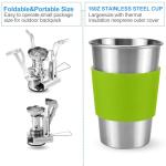 Odoland Camping Cookware Stove Carabiner Canister Stand Tripod and Stainless Steel Cup, Tank Bracket, Fork Spoon Kit for Backpacking, Outdoor Camping Hiking and Picnic,Green