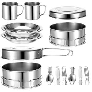 JJUNW 14Pcs Stainless Steel Camping Cookware Set, Lightweight Compact Camping Pots Pans Set with Cups Plates Forks Knives Spoons for Backpacking Camping-Cooking Hiking and Picnic