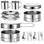 JJUNW 14Pcs Stainless Steel Camping Cookware Set, Lightweight Compact Camping Pots Pans Set with Cups Plates Forks Knives Spoons for Backpacking Camping-Cooking Hiking and Picnic