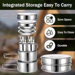 JJUNW 14Pcs Stainless Steel Camping Cookware Set, Lightweight Compact Camping Pots Pans Set with Cups Plates Forks Knives Spoons for Backpacking Camping-Cooking Hiking and Picnic