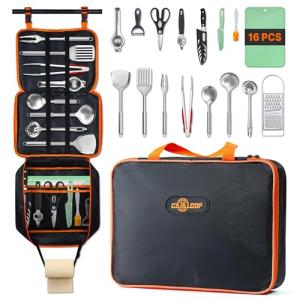 Gaialoop Camping Cooking Utensils Set 16 PCS Camp Kitchen Cookware Kit with Organizer Bag, Portable RV Camping Essentials Camper Must Haves for Cookouts Open Fire Pit
