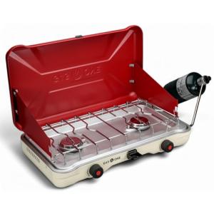 GasOne Portable Camping Stove – Double Propane Stove with Auto Twist Turn Ignition – 22,000 BTU Camping Cooktop with 2 Burners and Wind Guard – Ideal for Tailgating, Fishing, Travel, Red