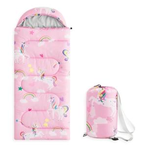 Wake In Cloud - Kids Sleeping Bag for Girls Toddlers, Camping in Warm Cold Weather, Backpacking Lightweight Compact Outdoor Liner for 3 Seasons Summer Spring Fall, Unicorn Rainbow Pink