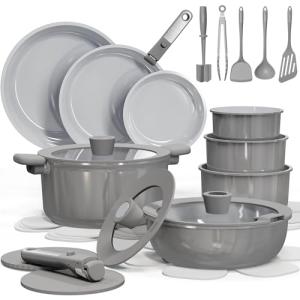 CAROTE 27pcs Ceramic Cookware Set Nonstick, Pots and Pans Set Non stick, Non Toxic Cookware, Dishwasher/Oven Safe, RV/Camping Cookware Set, Pan and Pot with Kitchen Utensils, Dark Gray