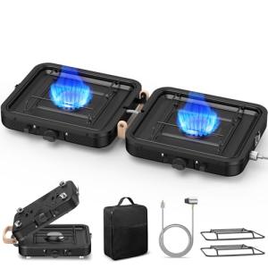 Propane 2-Burner Camping Stove with Carrying Bag, 17500 BTU Adjustable Burners, Portable Folding Gas Stove for Camping, Outdoor Cooking, Backpacking Camp Stove for BBQ, Camping Tailgating