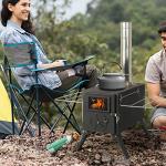 UNDUSLUY Portable Wood Burning Stove for Camping, Stainless Steel Chimney Pipe, Outdoor Heating & Cooking Hot Tent Stove for Hunting, Ice Fishing & Backpacking