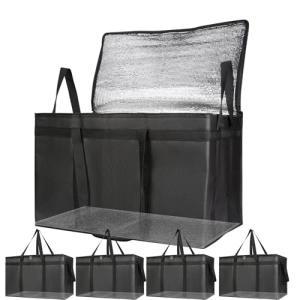 Bodaon 5-Pack Cooler Insulated Food Delivery Bag for Doordash/Uber Eats, XXX-Large Thermal Bags for Catering/Hot Pizza, Travel/Camping/Picnic Basket，Grocery Reusable Warmer Frozen, Black With Bottom