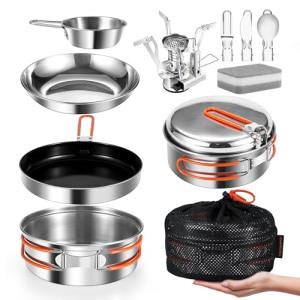 Odoland 10pcs Stainless Steel Camping Cookware Camping Pot and Pan Set with Portable Camping Stove Camping Mess Kit with Plates Bowls Forks Knives Spoons for Hiking Backpacking and Picnic