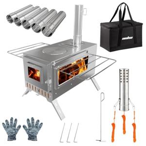 Hot Tent Stove, unho Wood Burning Stove, Portable Wood Stove with 6 Stainless Chimney Pipes for Outdoor Heating & Cooking, Ice Fishing, Hunting,Winter Warmth