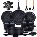 Ammeloo 21 Pcs Pots and Pans Set Non Stick, Ceramic Kitchen Cookware Set with Detachable Handle, Non Toxic Cooking Set for Kitchen, RV, Camping and Fridge, Induction Ready, Dishwasher/Oven Safe, Black