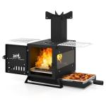 Happygrill Wood Burning Stove, Fire Camping Stove w/Heat Resistant Glass Window, Grill Net, Pot Holder, SPCC, Stainless Steel, Portable Tabletop Fire Pit Stove for Outdoor Cooking, BBQ, Picnic, Events