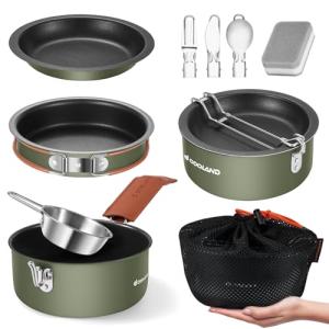 Odoland 10pcs Camping Cookware Non-Stick Camping Pot and Pan Set with Plate Bowl Fork Knife Spoon for Backpacking, Hiking, Outdoor Cooking and Picnic