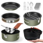 Odoland 10pcs Camping Cookware Non-Stick Camping Pot and Pan Set with Plate Bowl Fork Knife Spoon for Backpacking, Hiking, Outdoor Cooking and Picnic