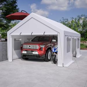 YOPTO 13x20 FT Canopy with 2 Roll-Up Doors,Waterproof Party Tent w/Steel Frame & Ventilation Windows,Carport & Storage Shelter for Vehicle,Car,White