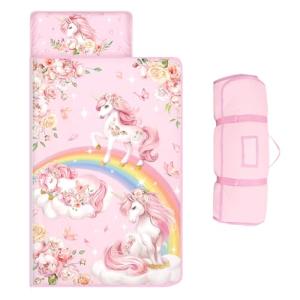 Toddler Nap Mat Kids Sleeping Bag 59‘’×24‘’, Soft Slumber Bag with Removable Pillow and Blanket for Kids Girls Boys,Roll Up Sleeping Mat Thick for Camping,Daycare, Kindergarden,Unicorn