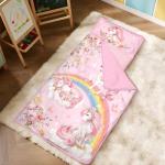Toddler Nap Mat Kids Sleeping Bag 59‘’×24‘’, Soft Slumber Bag with Removable Pillow and Blanket for Kids Girls Boys,Roll Up Sleeping Mat Thick for Camping,Daycare, Kindergarden,Unicorn