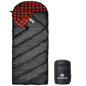 ShinHye 0 Degree Sleeping Bag for Adults - Cotton Flannel 4 Season Cold Weather Winter, XXL Big and Tall Camping Sleeping Bag with Compression Sack (Black1, 90"×35" Right Zip)