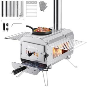 Gonex Hot Tent Stove, Portable Wood Burning Camping Stove with Ash Drawer & Large Firebox for Tent, Outdoor, Heating, Cooking, Ice Fishing