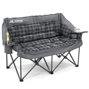 Double Camping Chairs Padded Loveseat Chair for 2 Person - Heavy Duty Oversized Camping Couch for Adults Outdoor Lawn Beach - Portable Folding Sofa with Cup Holders and Carry Bag, Grey