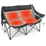 Suteck Heated Double Camping Chair, Camping Loveseat W/3 Heat Levels & 4 Heating Zones, Portable Heated Folding Chair for Outdoor Camping, Sports, Lawn, Support 660lbs, Battery NOT Included