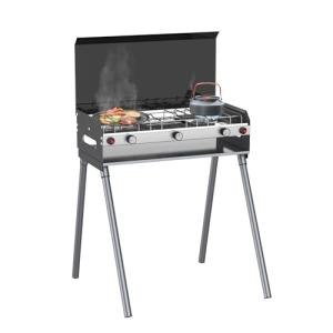 CAMPLUX 2 Burners & 1 Grill Propane Camping Stove, 15,000 BTU Portable Outdoor Propane Camping Grill Burner with Free Standing Legs, Auto-Ignition Gas Stove with Regulator, Black