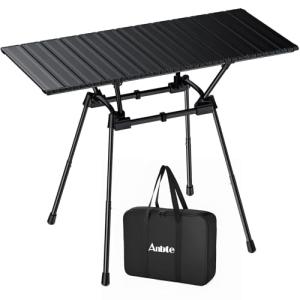 Anbte 3ft Roll Up Camping Table Max 27.5", 4 Adjustable Heights Aluminum Camping Table Foldable Waterproof with Carrying Bag, Lightweight, for Garden Picnic Outdoor Travel Beach, 35” X 16”, Black